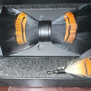 Elegant Black and Orange Feather Bow Tie